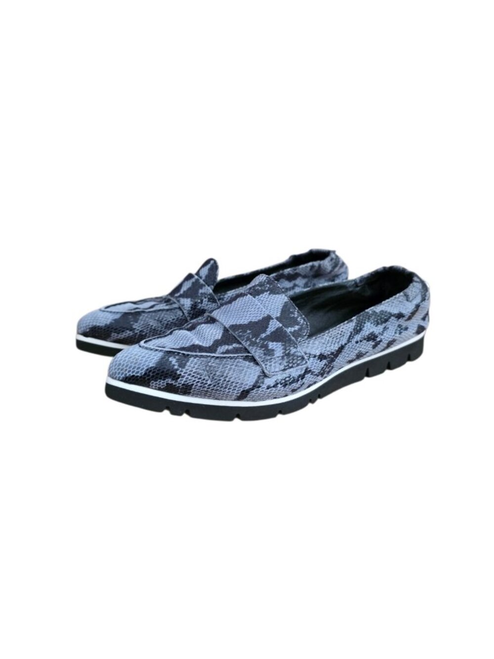 AGL Snakeskin Print Leather Loafers Pointed Toe Slip On Gray Black 38.5 8.5